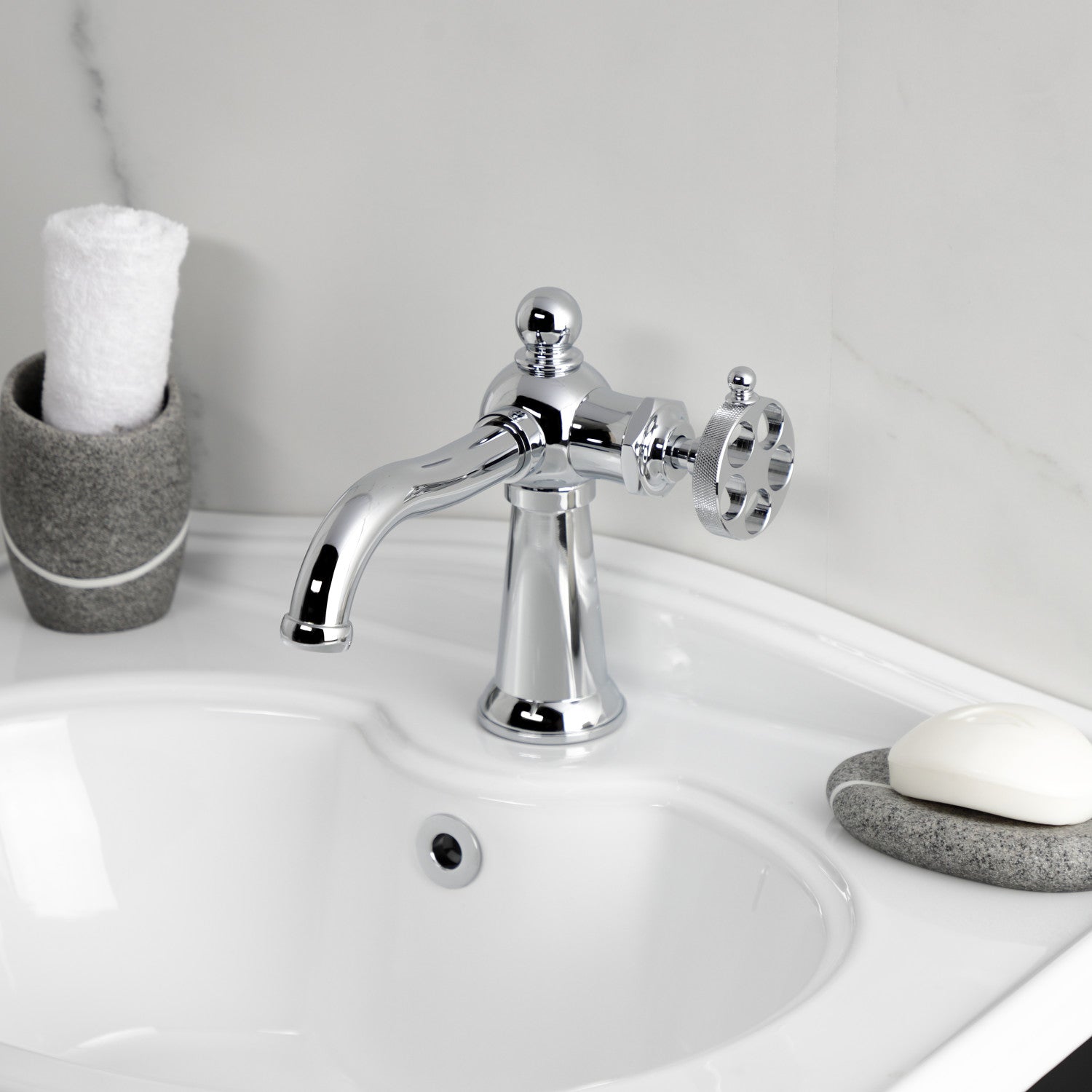 Kingston Tulare KS3541RKZ - Wendell One-Handle 1-Hole Bathroom Faucet with Knurled Handle and Push Pop-Up Drain, Polished Chrome — thumbnail 2